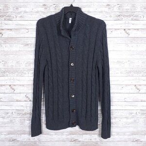 Mens Cable Knit Cardigan L Button Up Gray Long Sleeve 830